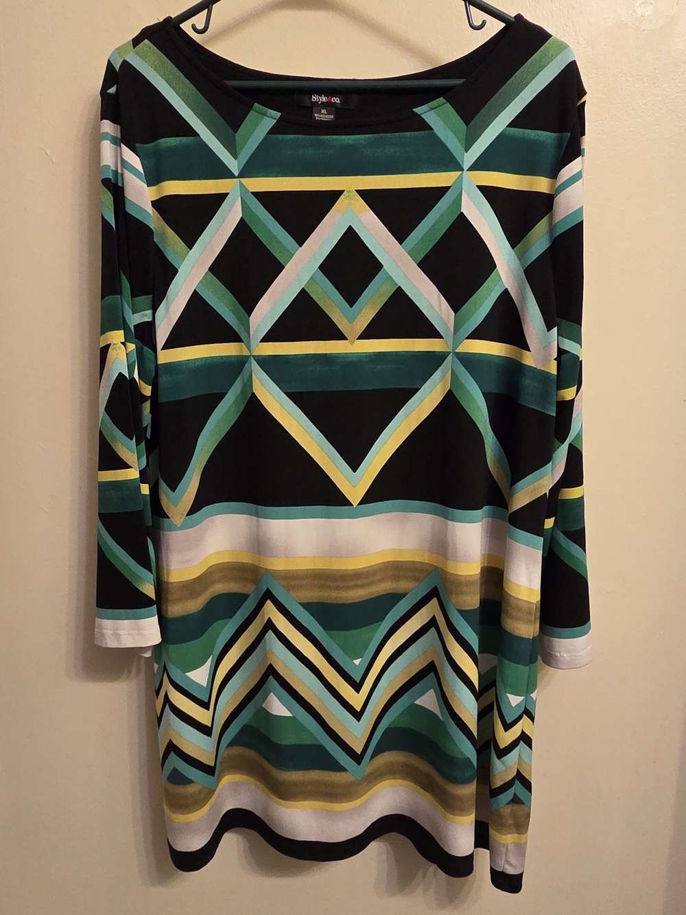 Style & Co Retro Mod MCM Boho Chic Geometric Print Tunic Dress Size XL 60s 70s